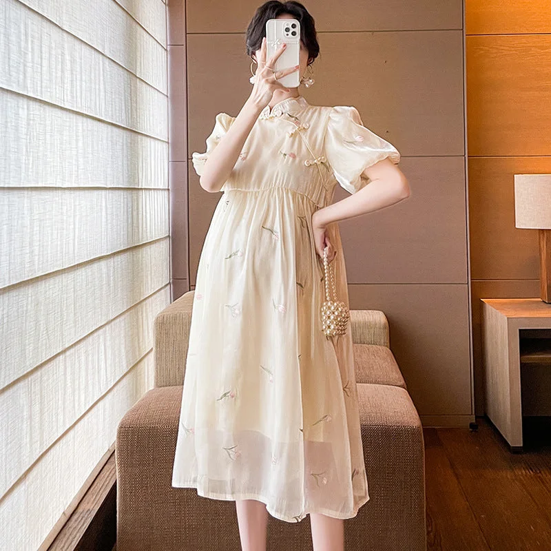 NiDELL Improved Cheongsam Dress for Pregnant Women . Embroidered High-Grade Stand Collar Dress Belly Covering Puff Sleeve Covering Belly Thin Skirt