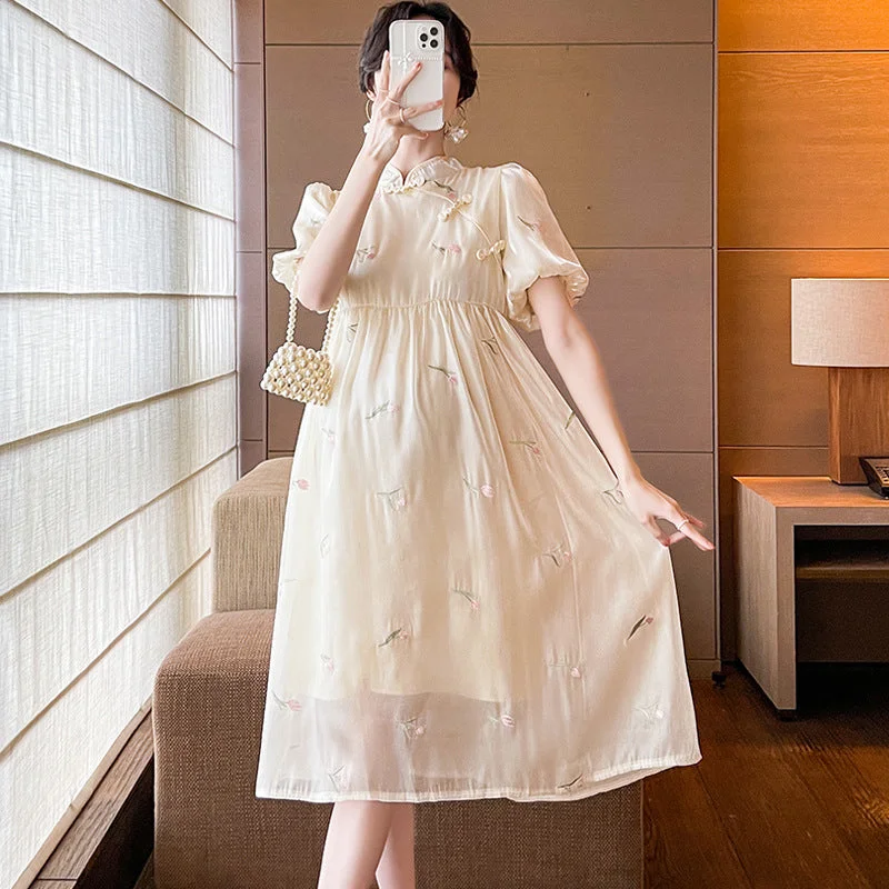 NiDELL Improved Cheongsam Dress for Pregnant Women . Embroidered High-Grade Stand Collar Dress Belly Covering Puff Sleeve Covering Belly Thin Skirt