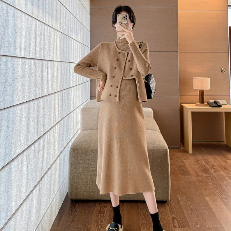 NiDELL Maternity Clothes High-Grade Sentong Qin Soft Glutinous Fashionable Dress Two-Piece Set Half Turtleneck Dress + Double-Breasted Vest