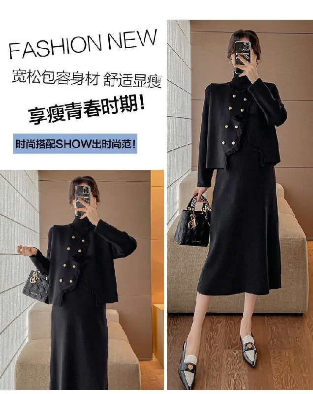 NiDELL Maternity Clothes . Pregnant Mom Autumn and Winter Soft Glutinous Fashionable Dress Two-Piece Set Half Turtleneck Dress Double Breasted Vest