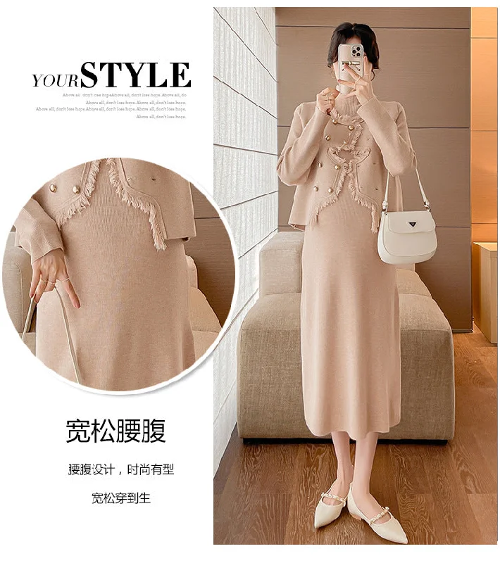 NiDELL Maternity Clothes . Pregnant Mom Autumn and Winter Soft Glutinous Fashionable Dress Two-Piece Set Half Turtleneck Dress Double Breasted Vest