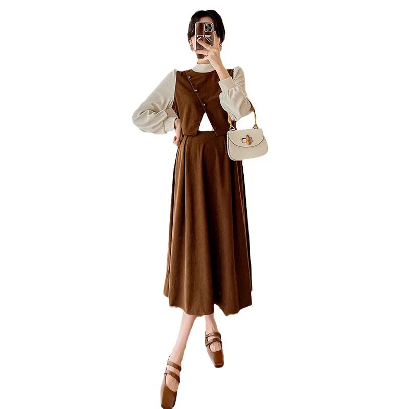 NiDELL Maternity Dress . Autumn and Winter New Pregnant Mom Version Retro French Fake Two Pieces Covering Belly Thin Mid-Length Dress