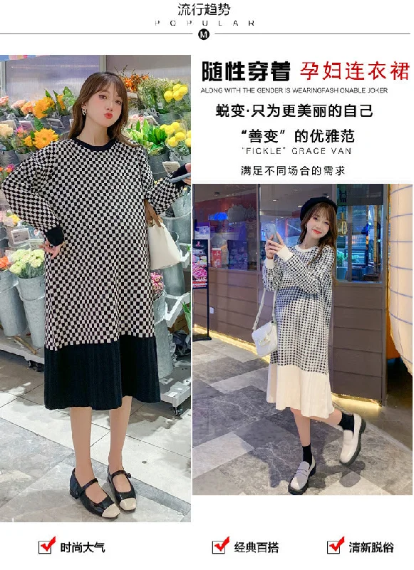 NiDELL Maternity Dress . Winter Mid-Length round Neck Woolen Skirt Loose Plaid Colorblock Maternity Dress Korean Style