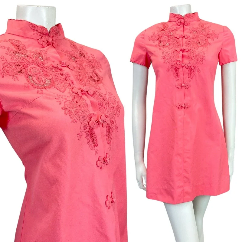 VTG 60s STYLE 90s CORAL PINK FLORAL EMBROIDERED CHEONGSAM QIPAO SHORT DRESS 8