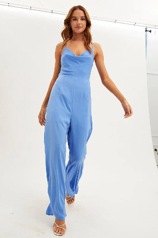 Blue Wide Leg Jumpsuit Sleeveless Cowl Neck Satin