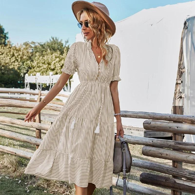 causal-tassel-v-neck-buttons-ruffles-midi-dress