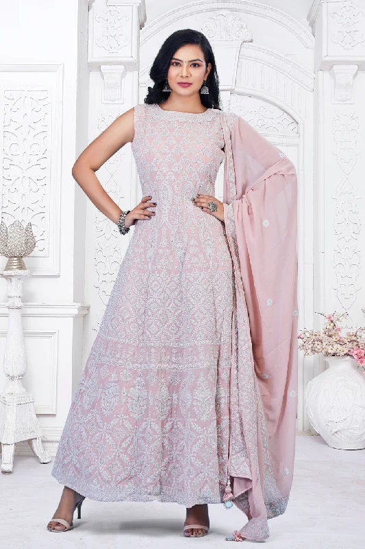 Pastel Pink Long Gown With Dupatta