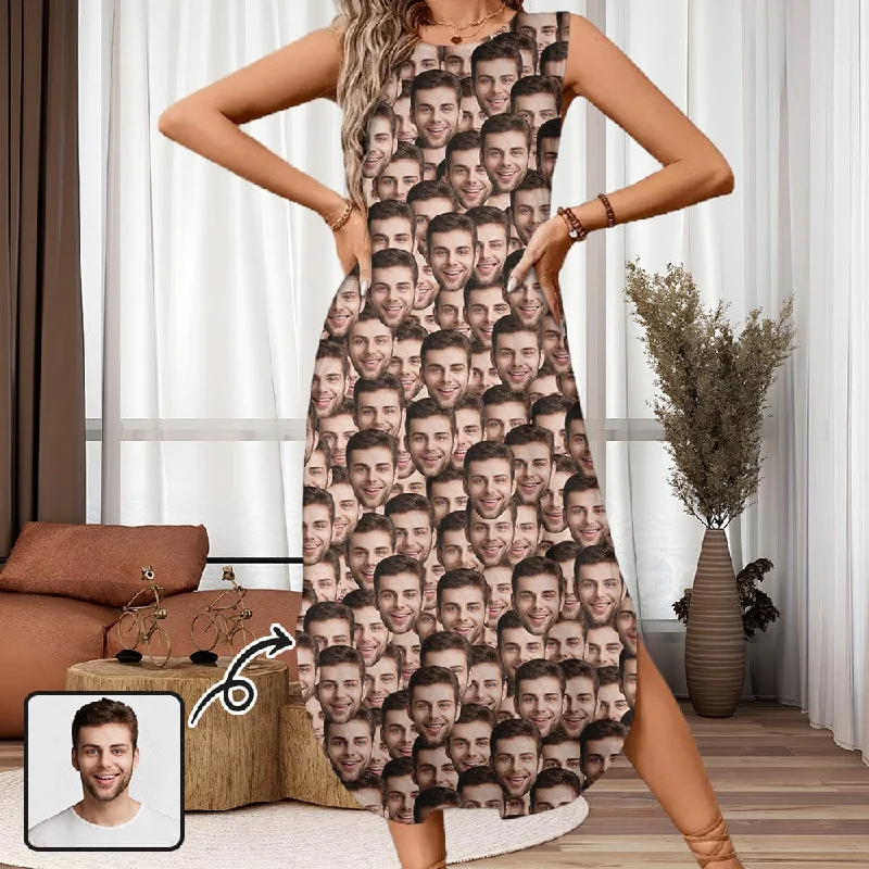 Custom Face Seamless Women's Round Neck Sleeveless Sundress Pocket Maxi Dress