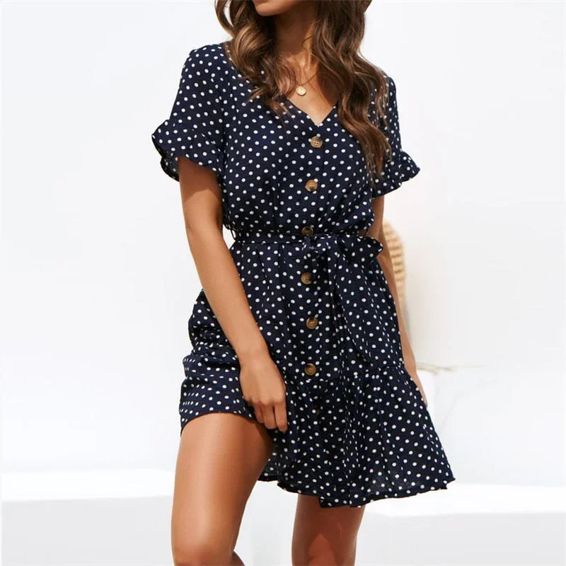 DRESS SUMMER Women Summer Polka Dot Print V-Neck Button Lace Dress Loose Large Size High Waist Ruffle Sleeve Dress