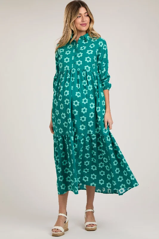 emerald-floral-3-4-sleeve-collared-maternity-maxi-dress