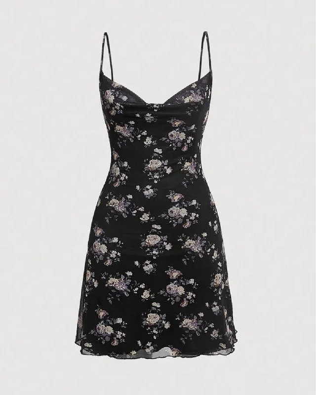 Floral Print Cami Black Swing Collar Mesh Print Dress