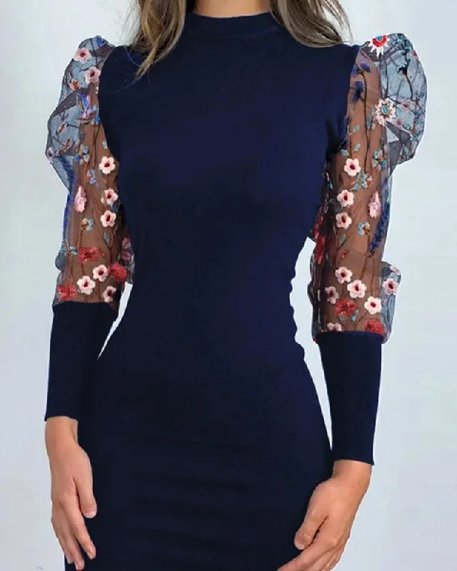 flower-embroidery-bodycon-women-dress-round-neck-fitness-puff-long-sleeve-dress-winter-2019-mesh-sleeve-slim-pencil-dresses