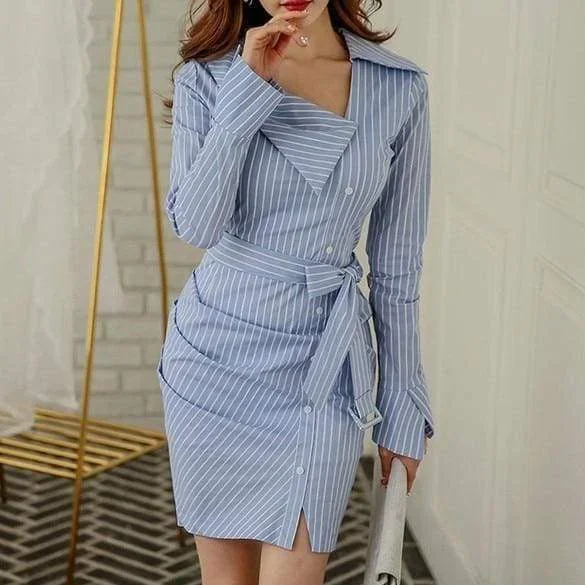 FashionSierra - Lady Elegant Striped Short Dress Long Sleeve Pencil Dress
