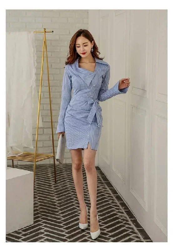 lady-elegant-striped-short-dress-long-sleeve-pencil