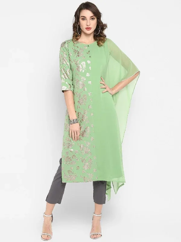 Light Green Poly Crepe Foil Print Straight Kurta