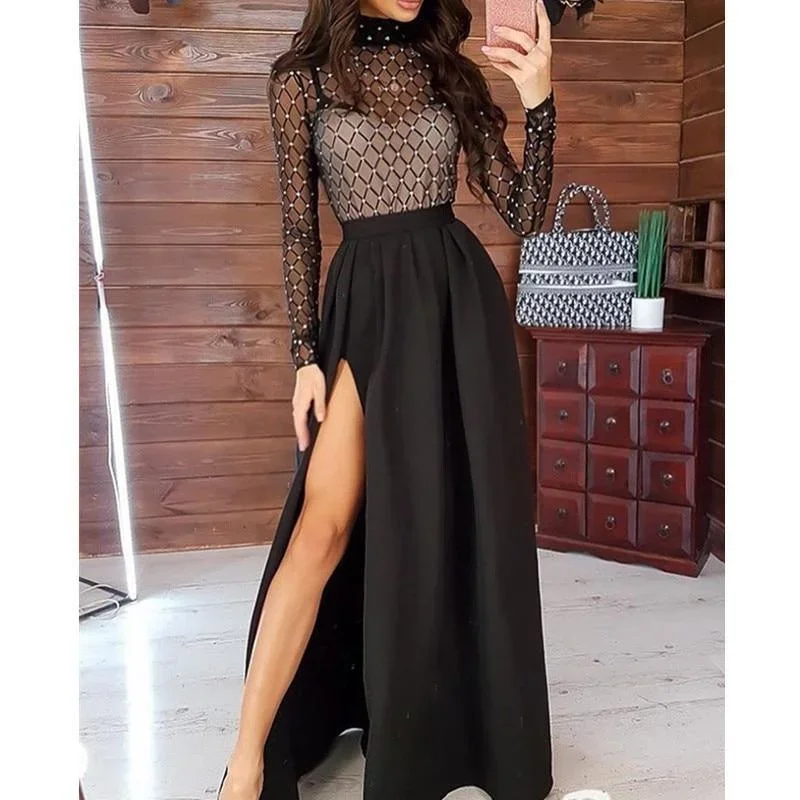 FashionSierra - Long Sleeve Stamping Mock Neck Plaid Sheer Mesh Maxi Dress
