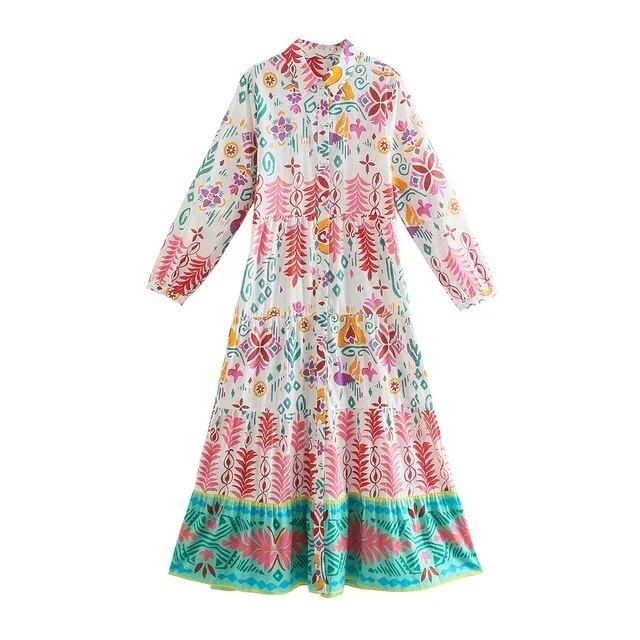 patchwork-floral-print-lapel-midi-dress-female-chic-wrist-sleeve-slim-dresses