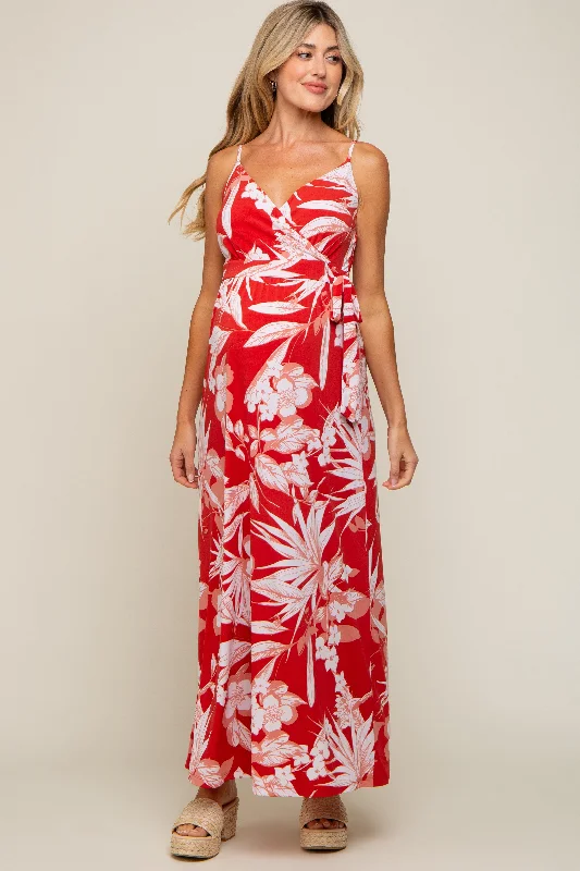 red-floral-palm-print-wrap-maternity-maxi-dress