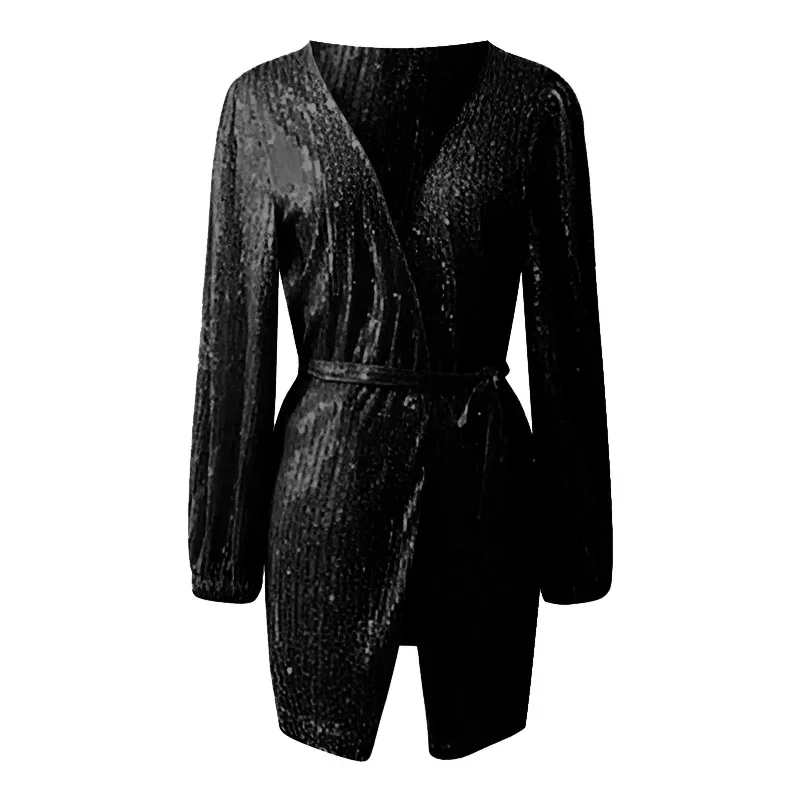 sequin-glitter-solid-color-long-sleeve-wrap-deep-v-neck-belted-elegant-a-line-party-womens-sequin-mini-dress