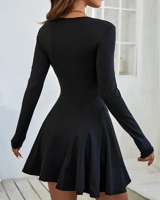 solid-long-sleeve-flared-black-dress