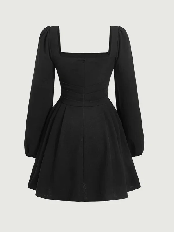 square-neck-ruched-fold-pleated-lantern-sleeve-black-dress