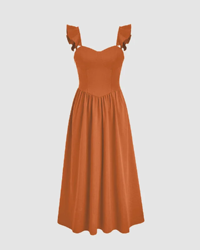 Sweetheart Neck Cap-Sleeve Back Lace-up Cami Dress In Rust Orange