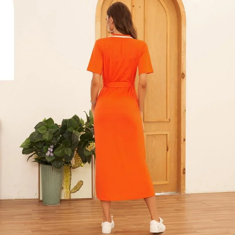 women-summer-long-dresses-preppy-style-orange-bright-letter-print-split-hem-belted-polo-short-sleeve-school-casual-midi-dress